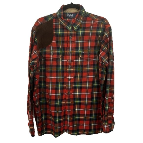 Polo Ralph Lauren Other - VTG 90s Polo Ralph Lauren Sportsman Plaid Flannel Suede Patch Shooting Shrt Sz L